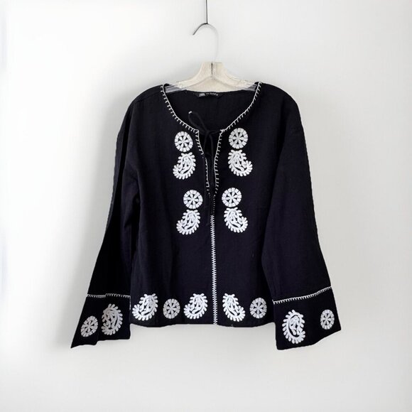 ZARA EMBROIDERED COTTON BLOUSE BLACK TIES Medium Cotton Lightweight - Picture 1 of 6